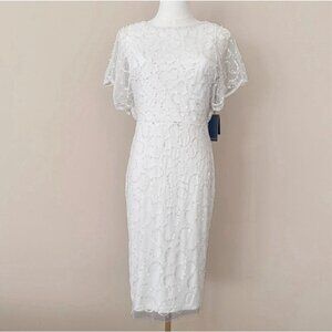 NWT Adrianna Papell White Dress $249 Flutter Sleeve Bridal Shower Women 4 Sequin